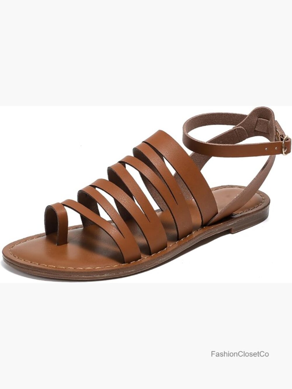 PU Leather Strappy Gladiator Flat Sandals with Adjustable Ankle Strap